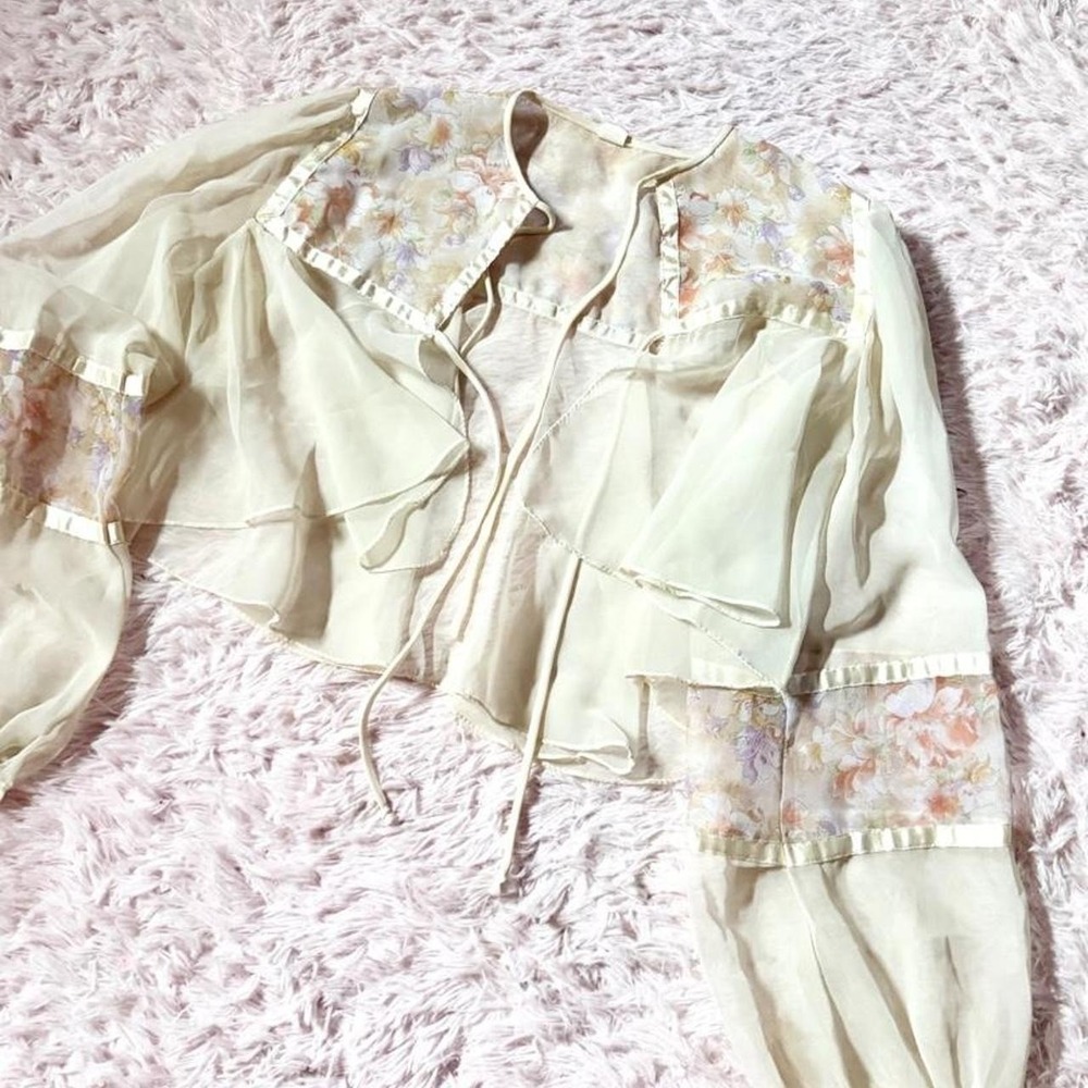 Vintage Sheer Floral Whimsical Ruffle Puff Sleeve Fairy Romantic Top Womens S